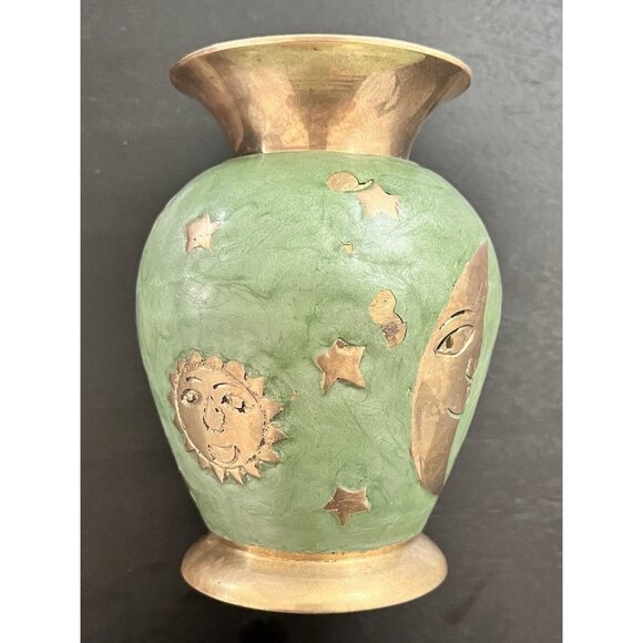 Solid Brass & Green Enamel Vase Celestial Sun Moon Stars Made in India 4-3/4" - Picture 13 of 14